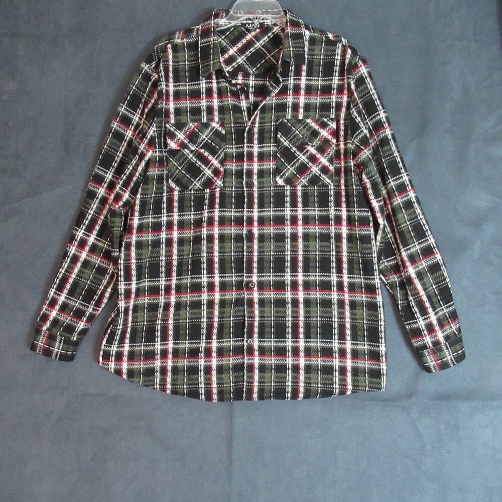 Boohoo Man Shirt Mens Size XL Black Plaid Woven Rustic Preppy Rancher Button Up